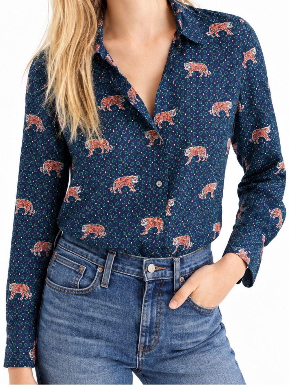 J. Crew Silk Navy Tiger Printed Button-Down Shirt 2017 Jenna Lyons Sz 8